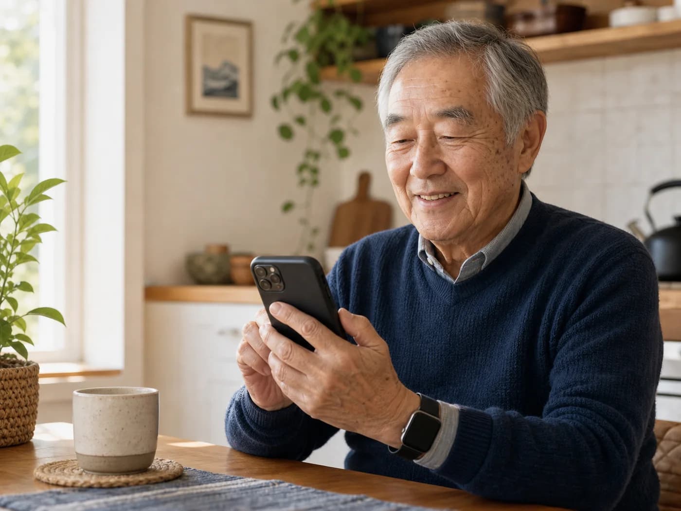 Older adult smiling while reading a message on his smartphone and wearing a smartwatch